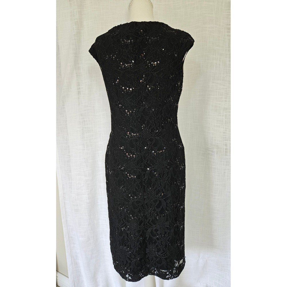 Lauren Ralph Lauren Lace Sequin Sheath Dress Womens 8 Black Ruched Wedding LBD - Picture 2 of 8